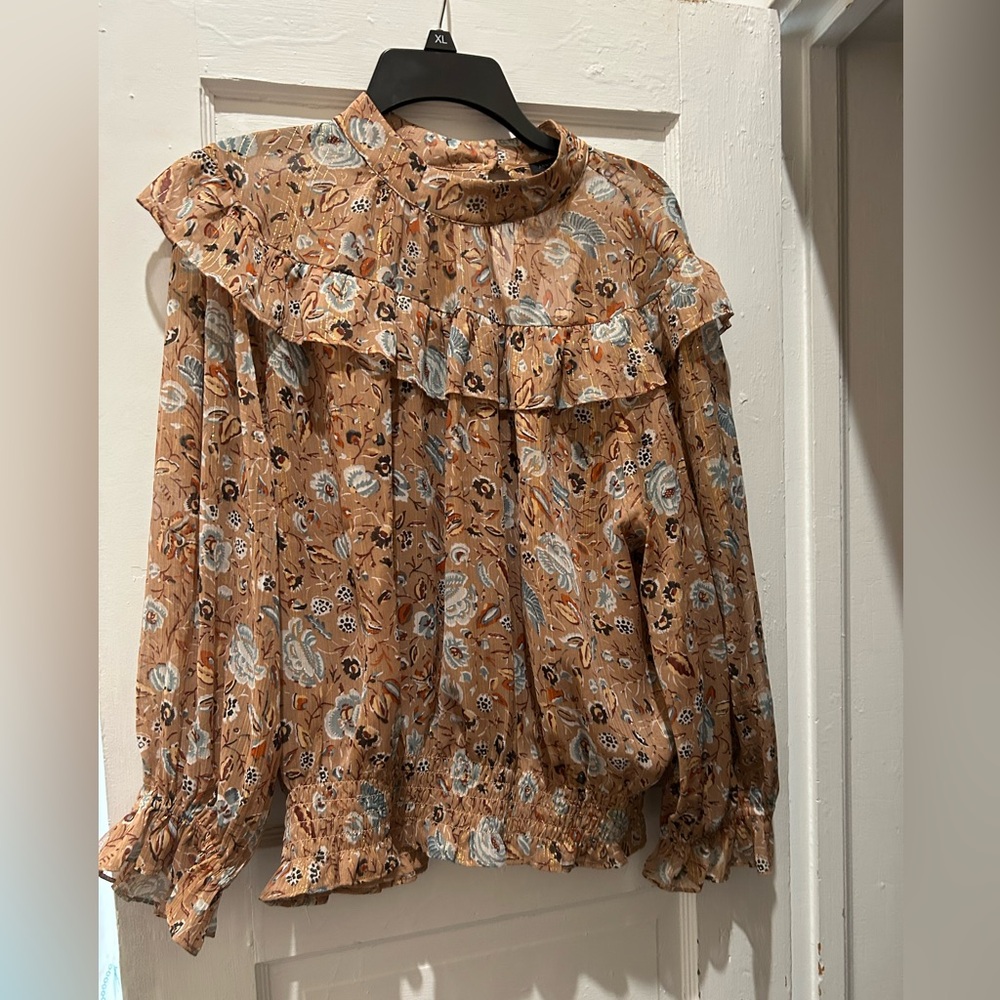 Ann Taylor Floral Ruffle Blouse - Brown and Blue
